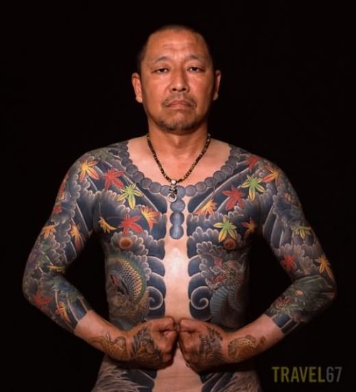 Colored Japanese And Neck Chain Tattoo